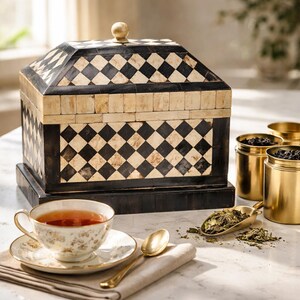 Antique Bone Inlay Parquetry Black & White Harlequin Keepsake Box