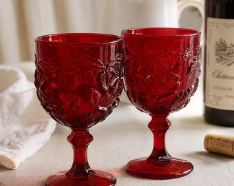 Vintage Ruby Red Grape & Vine Goblets Set of 2