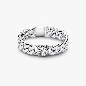 Cuban Chain Ring CZ Heart Clear Diamond Sparkling Silver Ring