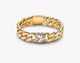 Cuban Chain Ring CZ Heart Clear Diamond Sparkling Gold Ring