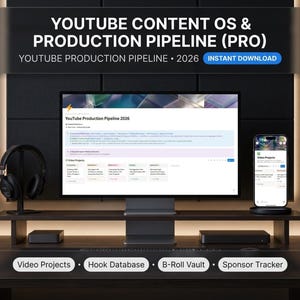 May include: A digital dashboard titled YouTube Content OS & Production Pipeline (Pro) 2026 displayed on a computer monitor and smartphone. The interface features sections for Video Projects, Hook Database, B-Roll Vault, and Sponsor Tracker.