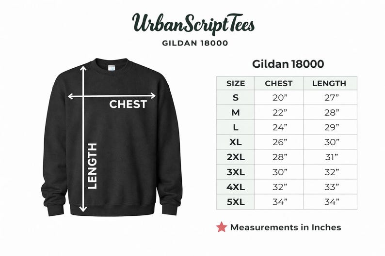 May include: Black Gildan 18000 sweatshirt with size chart. The chart shows chest and length measurements in inches for sizes S to 5XL. The text "Urban Script Tees" is at the top.
