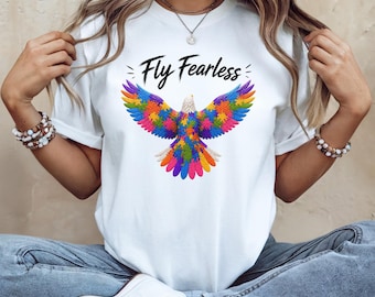 Fly Fearless Eagle T-Shirt: Autism Awareness Puzzle Wings Graphic Tee