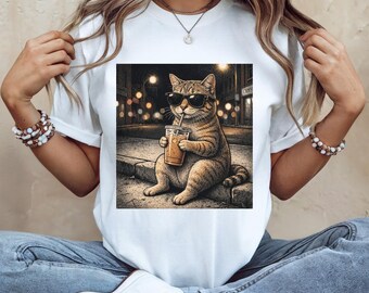 Cat Drinking Coffee Graphic Tee, Funny Kitten T-Shirt, Unisex Cotton Apparel