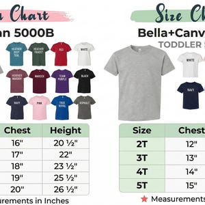 May include: A colour and size chart for Gildan 5000B and Bella+Canvas 3001T toddler short t-shirts. The Gildan chart shows various colours and sizes XS-XL with chest and height measurements in inches. The Bella+Canvas chart shows colours and sizes 2T-5T with chest and length measurements in inches.