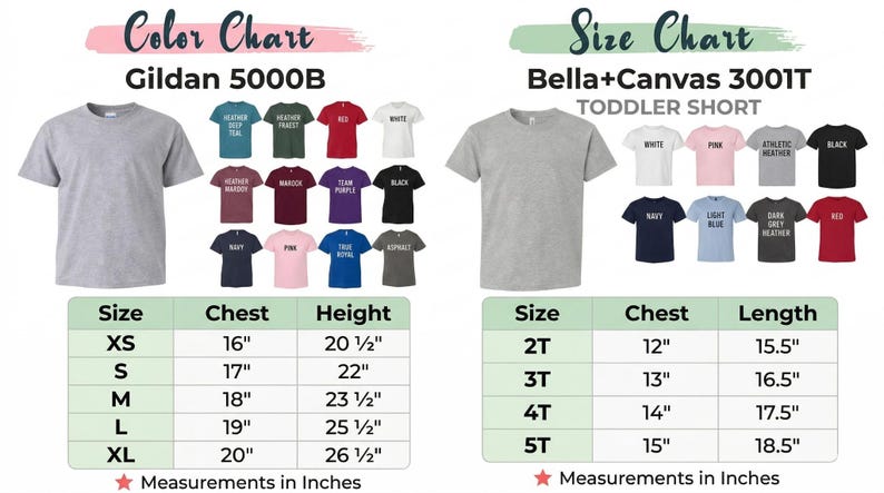 May include: A colour and size chart for Gildan 5000B and Bella+Canvas 3001T toddler short t-shirts. The Gildan chart shows various colours and sizes XS-XL with chest and height measurements in inches. The Bella+Canvas chart shows colours and sizes 2T-5T with chest and length measurements in inches.
