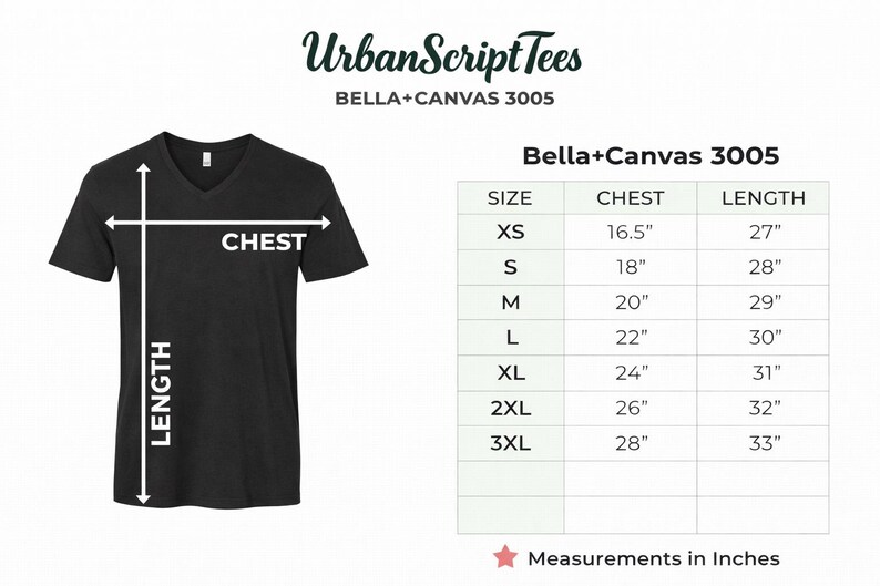 May include: Black V-neck t-shirt with chest and length measurements. The image includes a size chart for Bella+Canvas 3005 shirts, with chest measurements from 41.9 cm to 71.1 cm and lengths from 68.6 cm to 83.8 cm.