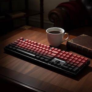 Könnte beinhalten: Eine schwarze und rote mechanische Tastatur mit Farbverlauf liegt auf einem Holzschreibtisch. Eine weiße Kaffeetasse mit goldenem Griff und ein ledergebundenes Buch befinden sich ebenfalls auf dem Schreibtisch. Die Tastatur hat ein modernes Design.