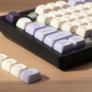 Könnte beinhalten: Nahaufnahme einer mechanischen Tastatur mit weißen, lavendelfarbenen und lila Tastenkappen. Die Tastatur hat einen schwarzen Rahmen und eine Vielzahl beschrifteter Tasten. Die Tastenkappen sind in einem Raster angeordnet.