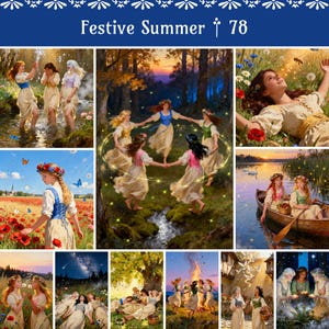 Puede incluir: Un collage de pinturas con el tema 'Verano Festivo'. Las imágenes representan a mujeres con vestidos fluidos, algunas en entornos naturales como campos de flores, bosques y cerca del agua. La paleta de colores incluye azules, verdes y amarillos, con un enfoque en escenas idílicas.