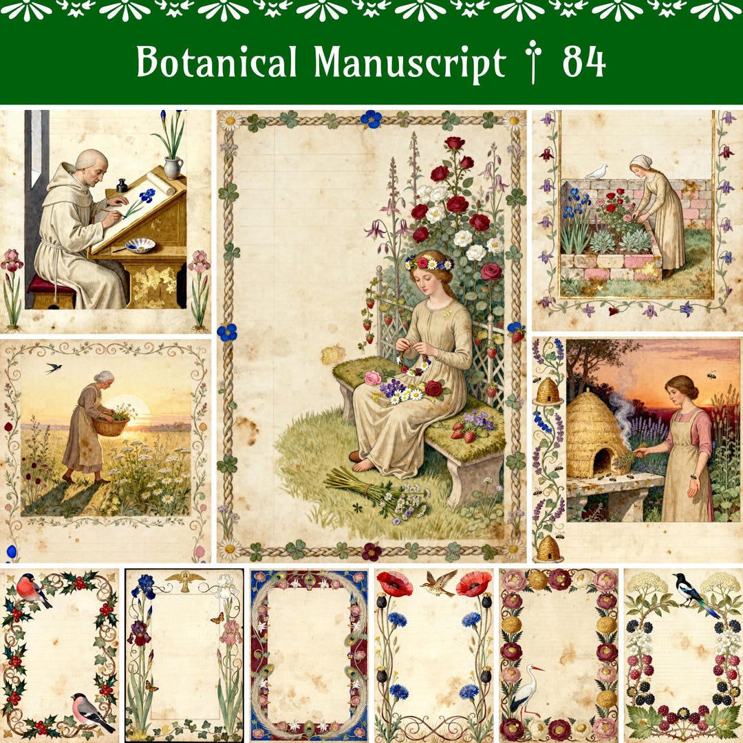 Botanical Flower Junk Journal Pages, Medieval Illuminated Manuscript ...