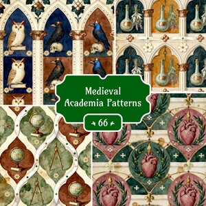 Pode incluir: Uma colagem de padrões com tema de academia medieval. Os desenhos apresentam corujas, corvos, crânios, globos, compassos e corações anatómicos. A paleta de cores inclui tons de castanho, verde e dourado, com o texto "Medieval Academia Patterns".