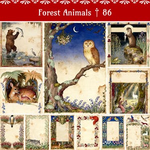 May include: A collection of vintage-style illustrations featuring forest animals. The images include a bear catching a fish, an owl perched on a branch, a deer with a fawn, and other woodland creatures. The title "Forest Animals 86" is displayed at the top.