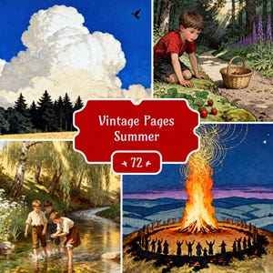 Puede incluir: Un collage de escenas veraniegas vintage. Incluye una pintura de una gran nube sobre un bosque, un niño recogiendo fresas, niños jugando en un arroyo y una hoguera con gente bailando. Se muestra el texto "Vintage Pages Summer".