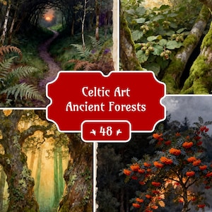 May include: A collage of four images depicting ancient forests. The images showcase forest scenes with trees, foliage, and a path. A red banner with the text "Celtic Art Ancient Forests" and the number "48" is in the center.