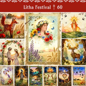 以下が含まれることがあります： Litha Festival 60と題された水彩画風のイラスト集。野原のキツネ、花冠を被った人物、太陽神、花のアーチの下に立つカップル、角のあるシカ、そして様々な自然の風景や野生動物が描かれています。