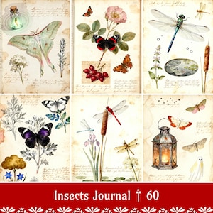 May include: A collection of six vintage-style journal pages featuring watercolor illustrations of insects and plants. The pages showcase butterflies, moths, dragonflies, and botanical elements. The text "Insects Journal" is displayed at the bottom.