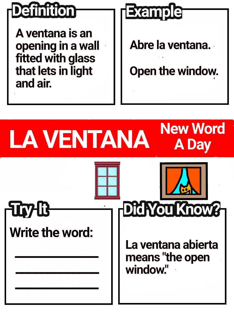 Spanish Word A Day – VENTANA (window) | Beginner ESL Vocabulary ...