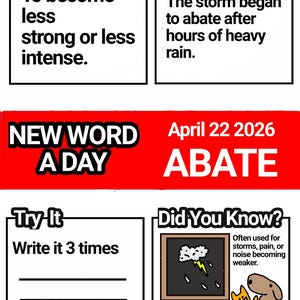 May include: Educational graphic with the word "ABATE" in large letters. The image defines the word, provides an example sentence, and includes a section to write the word three times. A cartoon illustration shows a storm and two cartoon characters.