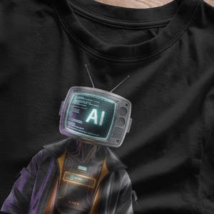 May include: Black t-shirt with a futuristic design. The graphic shows a figure with a retro television for a head, displaying the letters "AI" on the screen. The figure is wearing a jacket with purple and gold accents, creating a cyberpunk aesthetic.