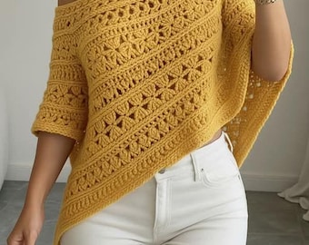 Off Shoulder Crochet Top Pattern, Asymmetrical Boho Poncho, Beginner Friendly PDF