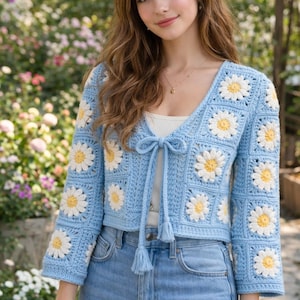 Virkmönster för mormors fyrkantig kofta i PDF-format | Nybörjarvänlig handledning för blommig tröja | Direkt nedladdning