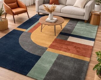Handgetufteter Geometrischer Wollteppich 200x300, Moderner Color Block Teppich für Wohnzimmer, Mid Century Skandinavisches Dekor