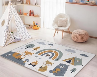Handgetufteter Wollteppich für Kinderzimmer, Wollteppich Fuchs, Bär, Regenbogen, Spielzimmer Teppich 150x200