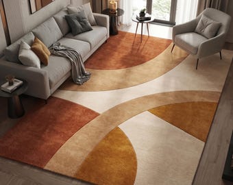 Handgetufteter Abstrakter Wollteppich, Geometrischer Beige Rost Gold Teppich, Geometrischer Teppich, Modernes Design