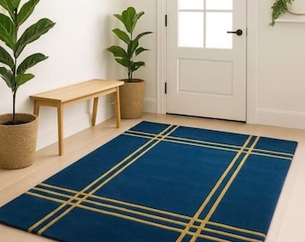 Handgetufteter Blau Gold Geometrischer Wollteppich, Handgemachter Moderner Karierter Teppich für Wohnzimmer, Skandinavische Dekoration 200x300