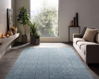 Handgefertigter Handgetufteter Blauer Gitter Wollteppich, Geometrischer Teppich, Design Teppich für Wohnzimmer, Benutzerdefinierte Größe Dekor