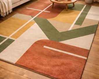 Handgetufteter Geometrischer Wollteppich, Terrakotta Grün Beiger Abstrakter Teppich, Moderner Wohnzimmer Teppich, Sondergröße