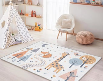 Handgetufteter Waldtierteppich 200x300, Wollteppich für Kinderzimmer, Fuchs Giraffe Wald Spielzimmer Teppich