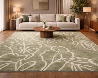 Handgetufteter 8x10 Wollteppich mit salbeigrünem botanischem Blumenmuster, handgefertigter Teppich für Wohnzimmer, modernes skandinavisches Dekor