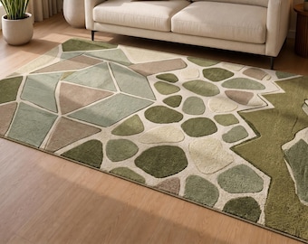 Handgetufteter Grüner Geometrischer Wollteppich, Moderner Abstrakter Teppich für Wohnzimmer, Skandinavischer Boho Teppich 200x300
