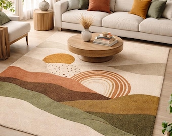 Handgetufteter Abstrakter Wollteppich 200x300, Beige Grüner Moderner Teppich Handgefertigter Teppich für Wohnzimmer und Schlafzimmer