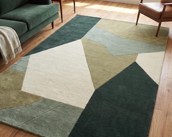 Handmade Hand-Tufted Geometric Wool Rug, Green Beige Abstract Area Rug, Modern Living Room Carpet, Custom Size Scandinavian Decor