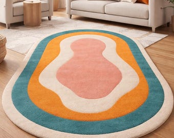 Handgetufteter Abstrakter Wollteppich 8x10 Organische Form, Beige Orange Teal Pink Moderner Teppich, handgefertigtes Wohnzimmerteppichdekor