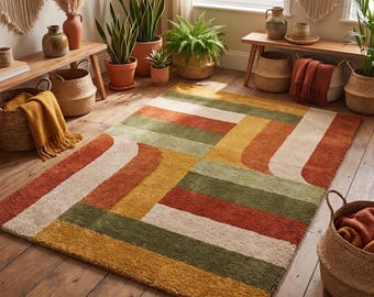 Handgetufteter 200x300 Wollteppich, Handgefertigter Kurzflor Teppich, Handgetufteter Teppich, Modernes Boho Wohnzimmerdekor