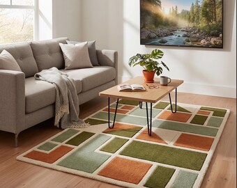 Handgetufteter Geometrischer Wollteppich 200x300 Grün Orange Handgewebter Wollteppich für Wohnzimmer Skandinavisches Dekor