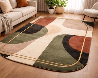 Handgetufteter Abstrakter Wollteppich 200x300, Moderner Beige Grüner Terrakotta Teppich mit Bio-Muster, Handgemachtes Wohnzimmer Dekor