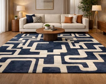 Handgetufteter 8x10 Wollteppich, Geometrisches Abstraktes Muster in Marineblau und Elfenbein, Moderner Wohnzimmerteppich, Weicher Handgefertigter Teppich