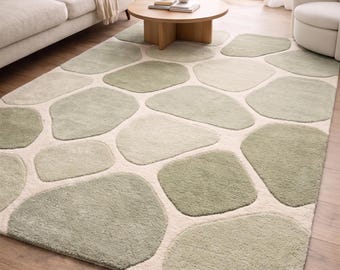 Hand-Tufted Handmade Sage Green Organic Pebble Stone Wool Area Rug for Living Room, Bedroom | Modern Boho Scandinavian Abstract Geometric