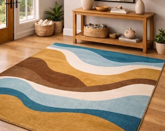 Handgetufteter Abstrakter Wollteppich 200x300, Handgefertigter Abstrakter Teppich Blau Gold Braun für Wohnzimmer