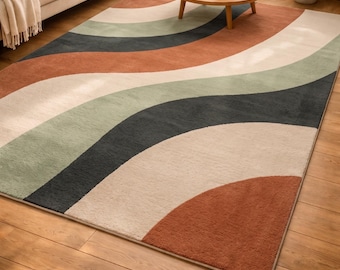 Handgetufteter Abstrakter Wollteppich 200x300, Modern Geschwungener Geometrischer Teppich, Grüner Wohnzimmerteppich
