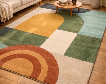 Handgetufteter Geometrischer Wollteppich, Retro Teppich Grün Beige, Handgefertigter Teppich für Wohnzimmer, Benutzerdefinierte Größen