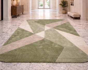 Handmade Hand-Tufted Geometric Wool Rug, Sage Green Beige Abstract Area Rug, Modern Entryway Runner, Scandinavian Home Decor