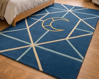 Handgetufteter Blauer Geometrischer Wollteppich 200x300 Handgefertigter Moderner Teppich für Schlafzimmer Wohnzimmer Skandinavisches Dekor