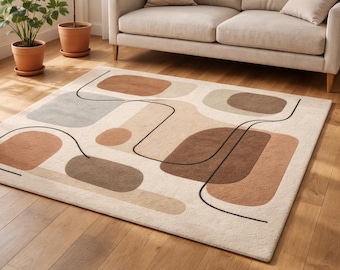 Handgetufteter Abstrakter Wollteppich 200x300, Geometrischer Teppich für Wohnzimmer, Modernes Skandinavisches Dekor