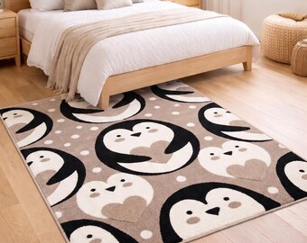 Handgetufteter Pinguin Kinderteppich 150x200, Handgetufteter Wollteppich für Schlafzimmer, Spielzimmer